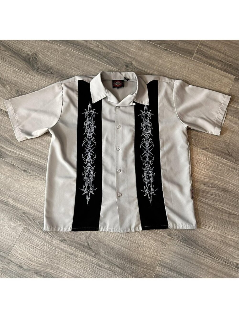 Vintage Dragonfly Roadhouse Shirt Mens L Gray Black Panel Tribal Y2K Bowling